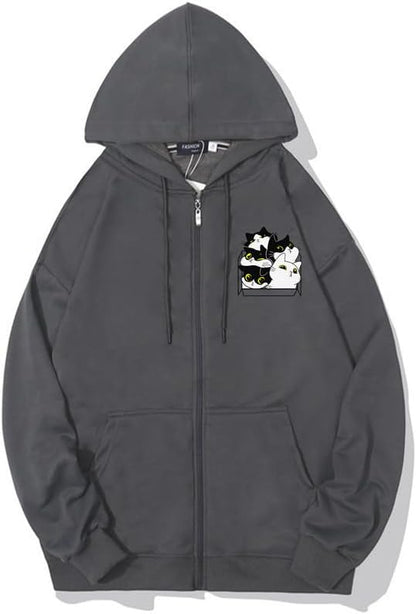 CORIRESHA Unisex Cute Cat Box Zip Hoodie Drawstring Comfy Sweatshirt Jacket