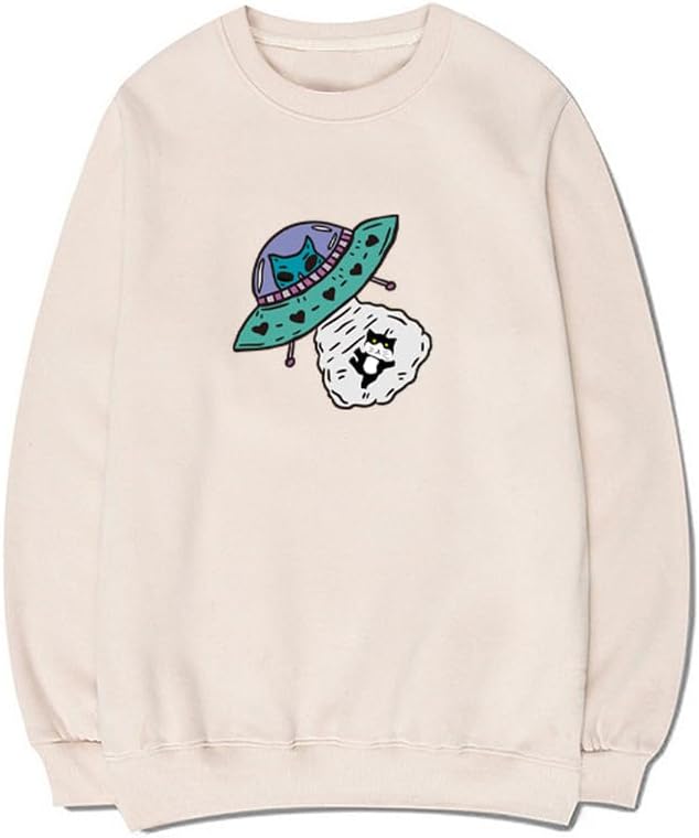 CORIRESHA Alien Spaceship Abduction Cat Funny Unisex Space Pullover Sweatshirt
