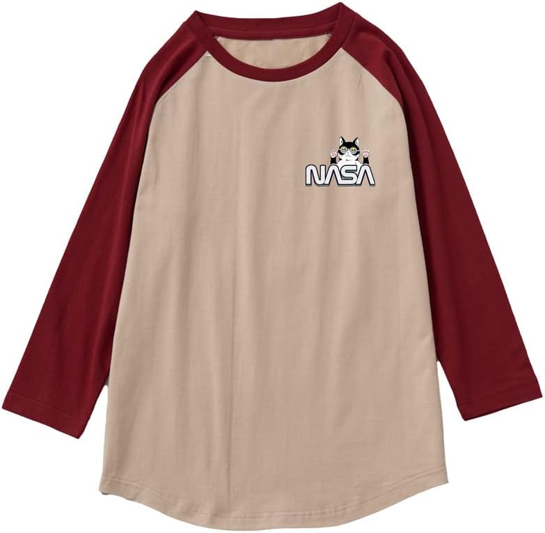 CORIRESHA Cat Lover Cute Top 3/4 Sleeves Casual Color Block Teen's NASA T-Shirt