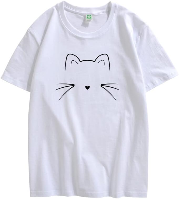 CORIRESHA Unisex Funny Cat Face Graphic T-Shirt Crew Neck Short Sleeve Summer Cute Tops