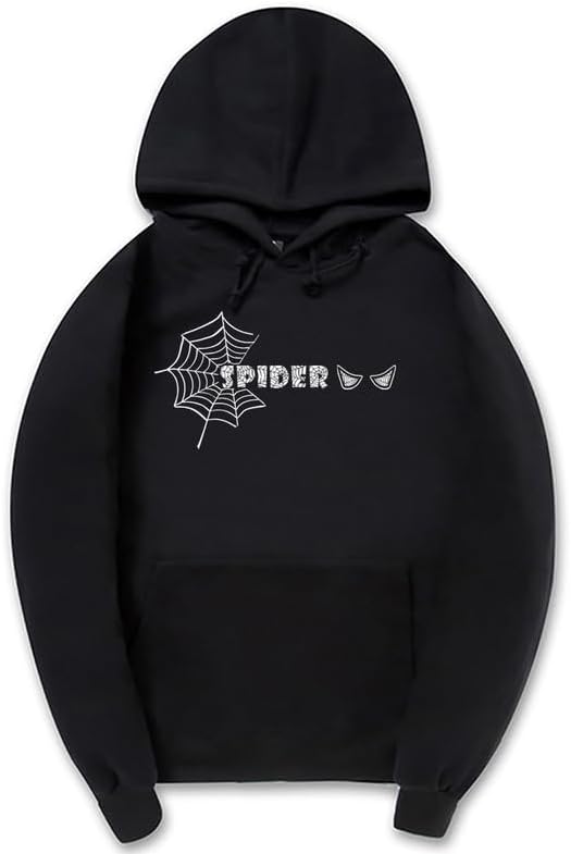 CORIRESHA Unisex Y2K Spider Web Hoodie Casual Long Sleeve Drawstring Basic Halloween Sweatshirt
