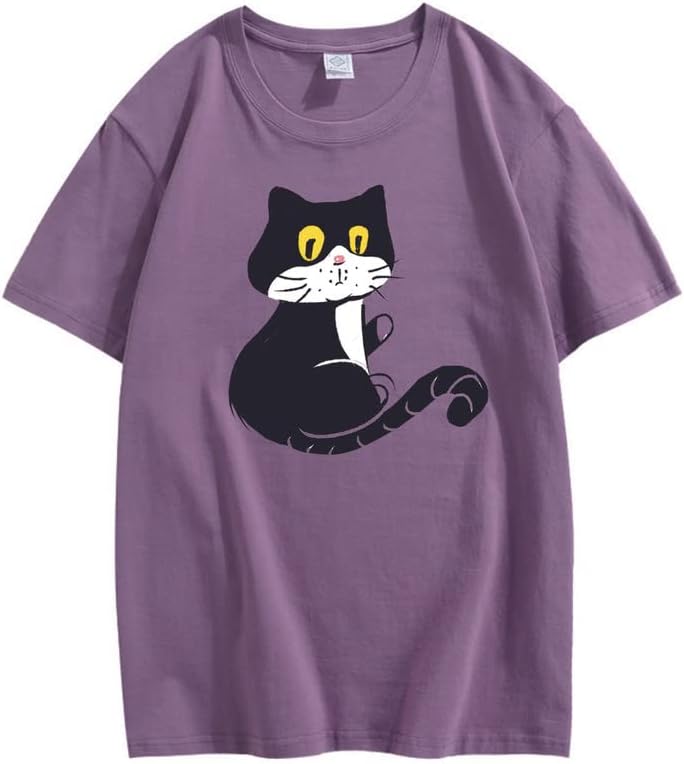CORIRESHA Camiseta holgada de algodón con gato juguetón