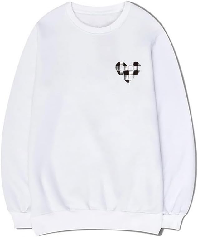 CORIRESHA Vintage Plaid Heart Crewneck Long Sleeve Cotton Basic Pullover Sweatshirt