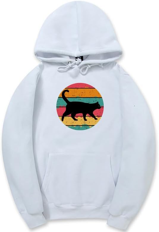 CORIRESHA Black Cat Hoodie Long Sleeve Drawstring Pocket Vintage Stripe Sweatshirt
