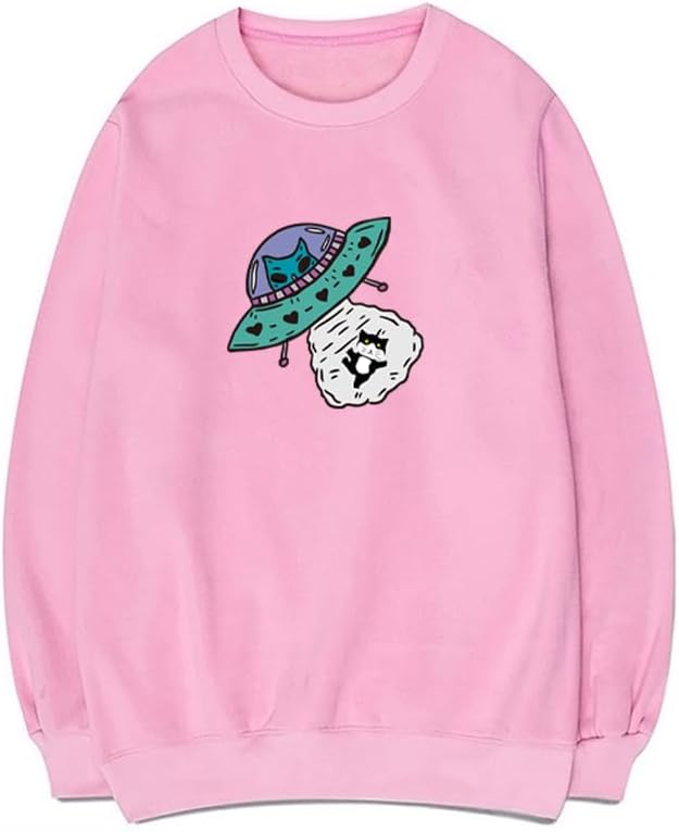 CORIRESHA Alien Spaceship Abduction Cat Funny Unisex Space Pullover Sweatshirt