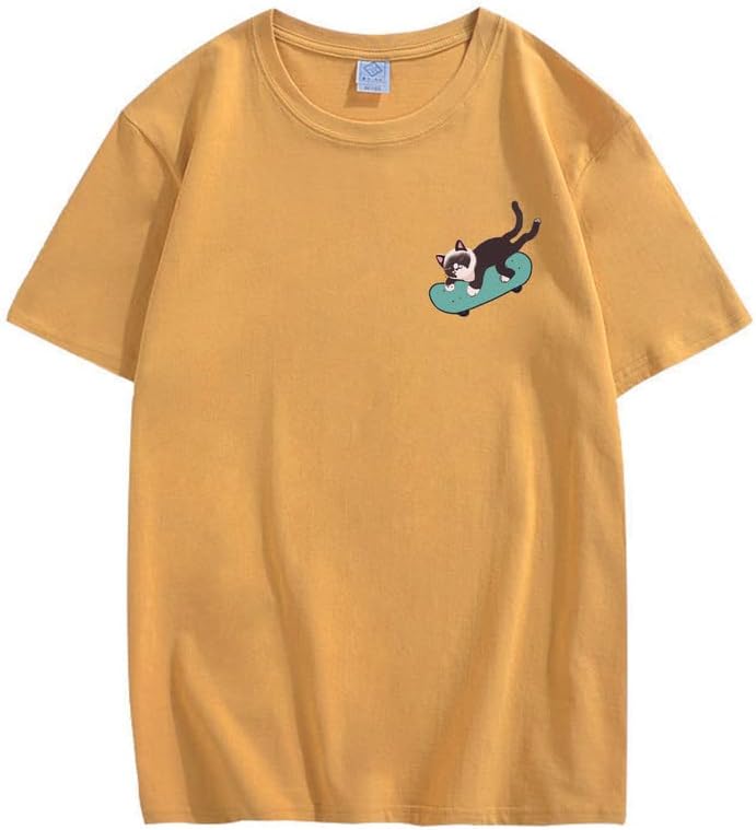 CORIRESHA Teen Kawaii Ropa Skateboard Cat Casual Cuello Redondo Camiseta de Algodón Suave