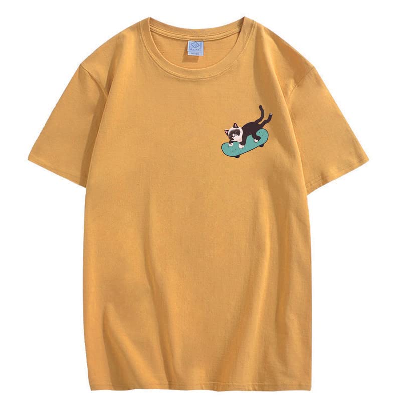 CORIRESHA Teen Kawaii Ropa Skateboard Cat Casual Cuello Redondo Camiseta de Algodón Suave