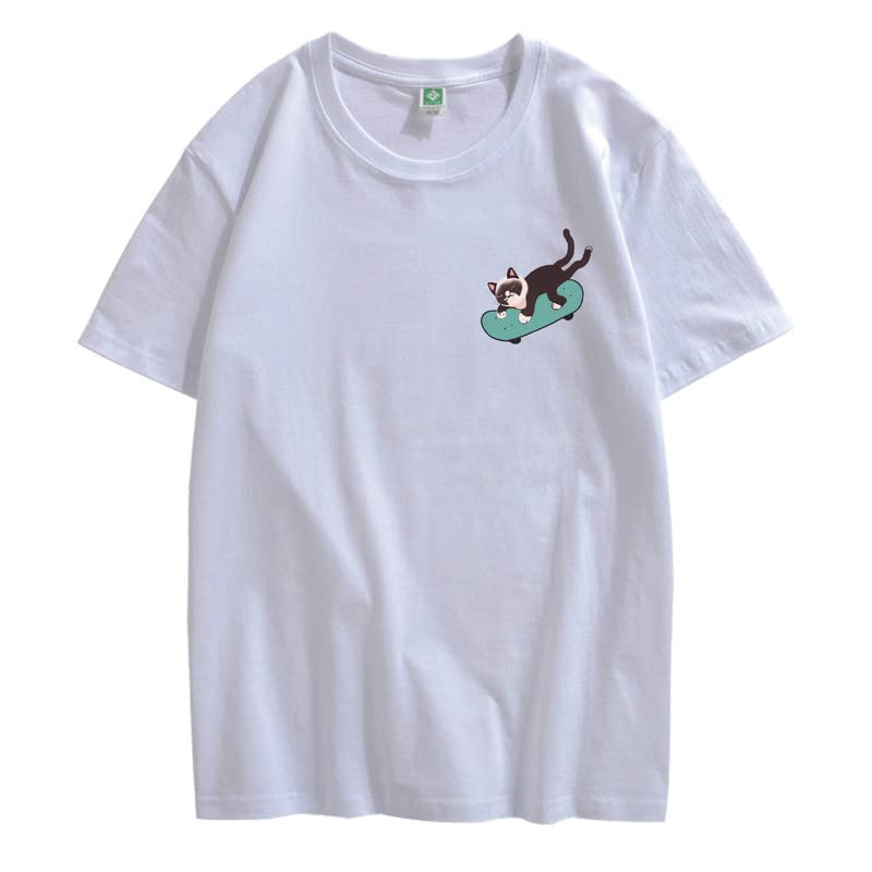 CORIRESHA Teen Kawaii Ropa Skateboard Cat Casual Cuello Redondo Camiseta de Algodón Suave