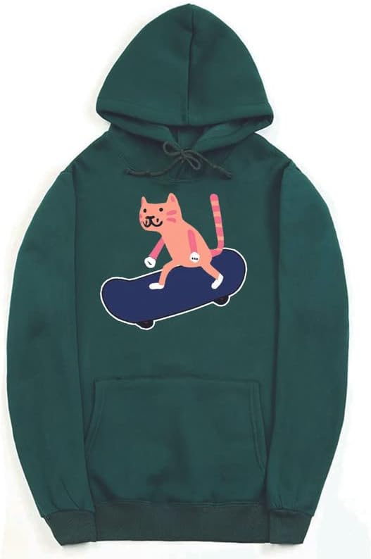 CORIRESHA Sudadera con capucha unisex con diseño de gato y monopatín de dibujos animados, informal, de manga larga, acogedora sudadera de algodón