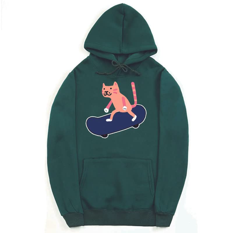 CORIRESHA Sudadera con capucha unisex con diseño de gato y monopatín de dibujos animados, informal, de manga larga, acogedora sudadera de algodón
