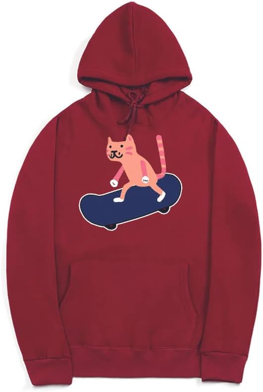 CORIRESHA Sudadera con capucha unisex con diseño de gato y monopatín de dibujos animados, informal, de manga larga, acogedora sudadera de algodón