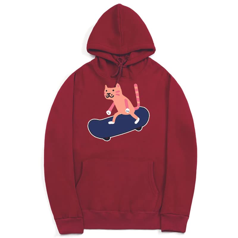 CORIRESHA Sudadera con capucha unisex con diseño de gato y monopatín de dibujos animados, informal, de manga larga, acogedora sudadera de algodón