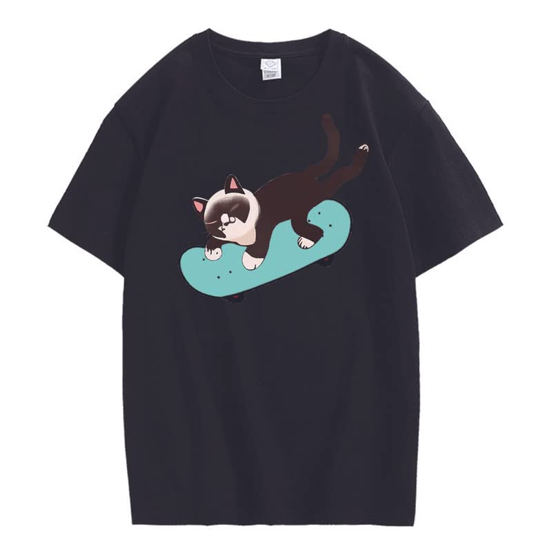 CORIRESHA Unisex Cat Lovers Casual Crewneck Short Sleeve Cozy Skateboard T-Shirt