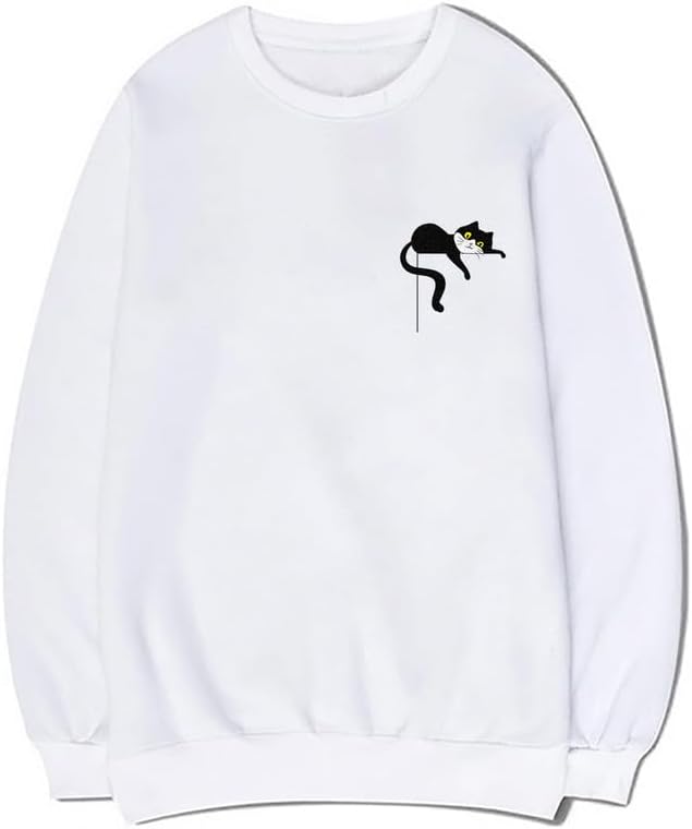 CORIRESHA Unisex Cute Lazy Cat Crew Neck Long Sleeve Soft Basic Sweatshirt