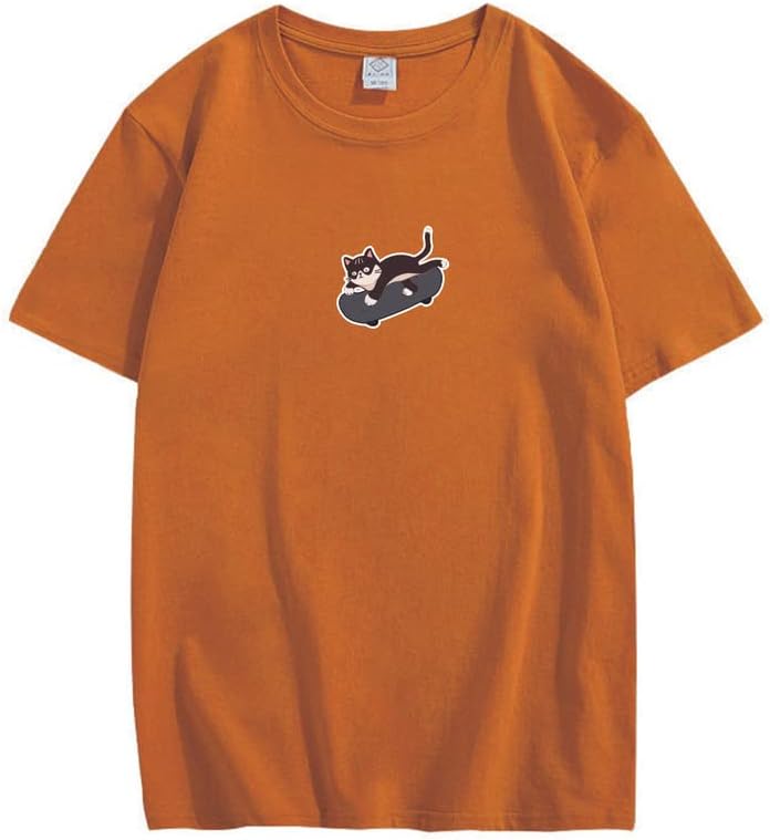 CORIRESHA Unisex Kawaii Ropa Cuello Redondo Manga Corta Lindo Monopatín Gato Camiseta Suelta