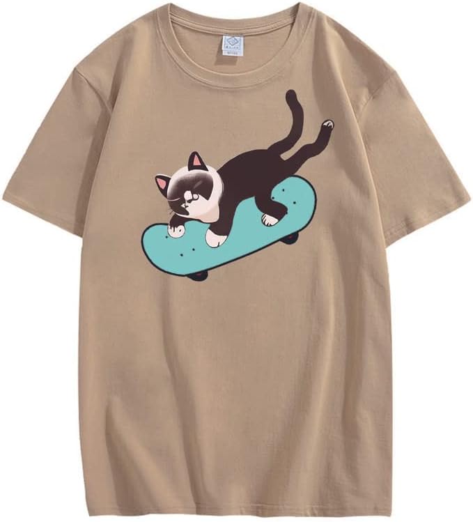 CORIRESHA Unisex Cat Lovers Casual Crewneck Short Sleeve Cozy Skateboard T-Shirt