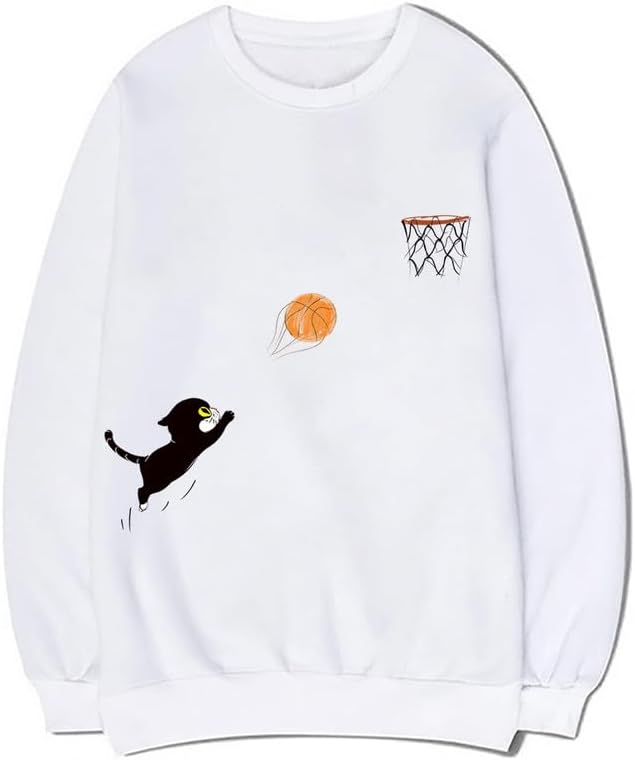 CORIRESHA Teen Cute Cat Basketball Cuello redondo Manga larga Cozy Cotton Fall Sudadera