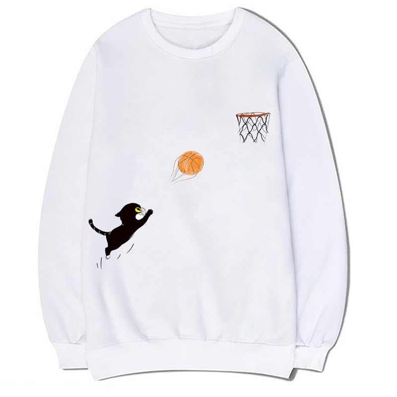 CORIRESHA Teen Cute Cat Basketball Cuello redondo Manga larga Cozy Cotton Fall Sudadera