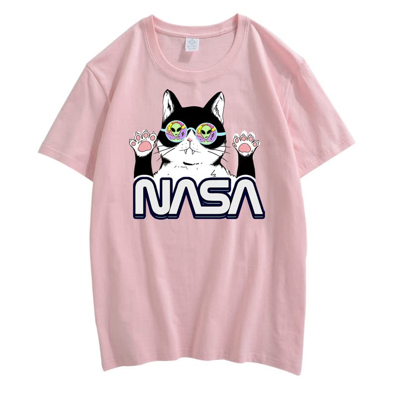 CORIRESHA Camiseta de la NASA para adolescente, informal, cuello redondo, manga corta, lindo gato