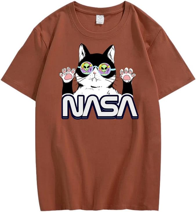 CORIRESHA Camiseta de la NASA para adolescente, informal, cuello redondo, manga corta, lindo gato