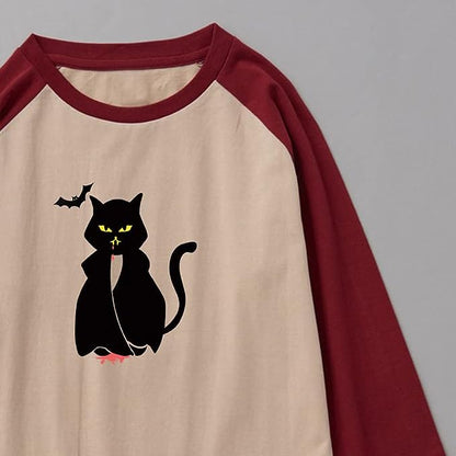CORIRESHA Teen's Halloween Gothic T-Shirt Funny Cats Cotton Shoulder Sleeve Top