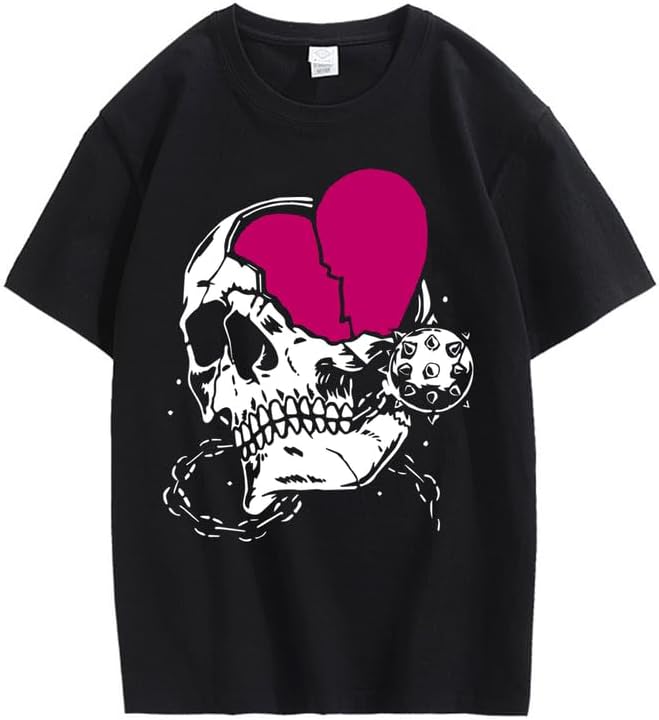 CORIRESHA Teen Cute Heart Crewneck Short Sleeve Casual Summer Cotton Skull T-Shirt