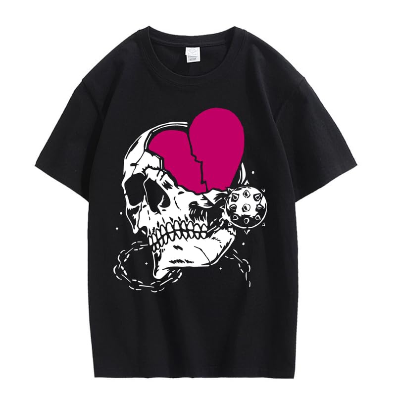 CORIRESHA Teen Cute Heart Crewneck Short Sleeve Casual Summer Cotton Skull T-Shirt