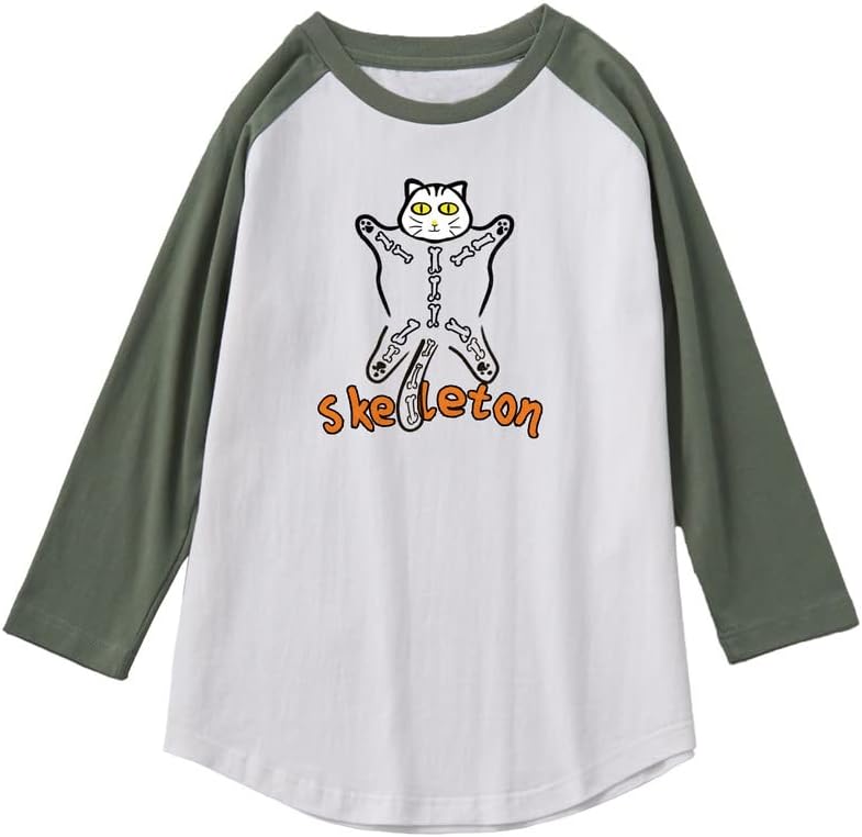 CORIRESHA Halloween Costume Funny Cats Skeleton Pattern 3/4 Raglan Sleeves Gothic T-Shirt