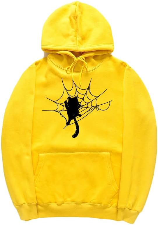 CORIRESHA Halloween Spider Web Hoodie Long Sleeve Drawstring Casual Cat Sweatshirt