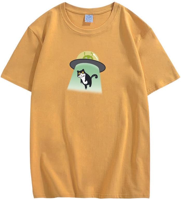 CORIRESHA Alien nave espacial abducción gato vintage unisex divertido espacio camiseta