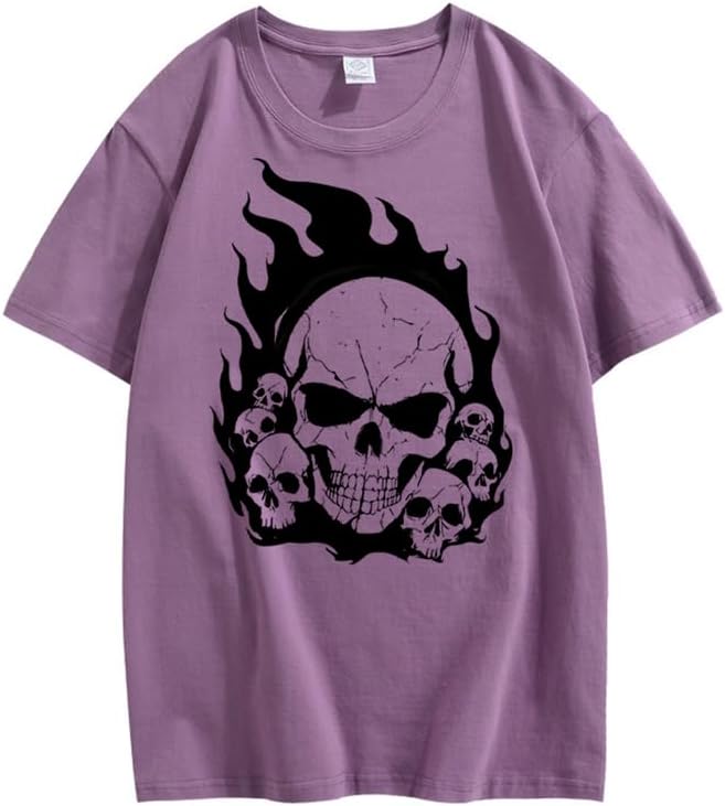 CORIRESHA Teen Skull Flame Crewneck Short Sleeve Y2K Aesthetic Halloween T-Shirt