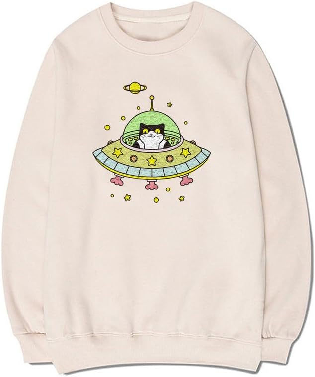 CORIRESHA Space Lover Sweatshirt Crew Neck Long Sleeve Cute Cat Spaceship Pullover