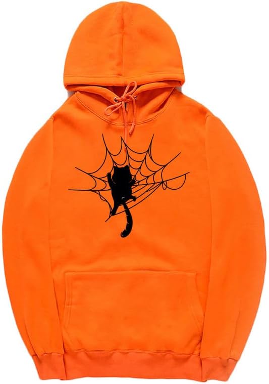 CORIRESHA Halloween Spider Web Hoodie Long Sleeve Drawstring Casual Cat Sweatshirt