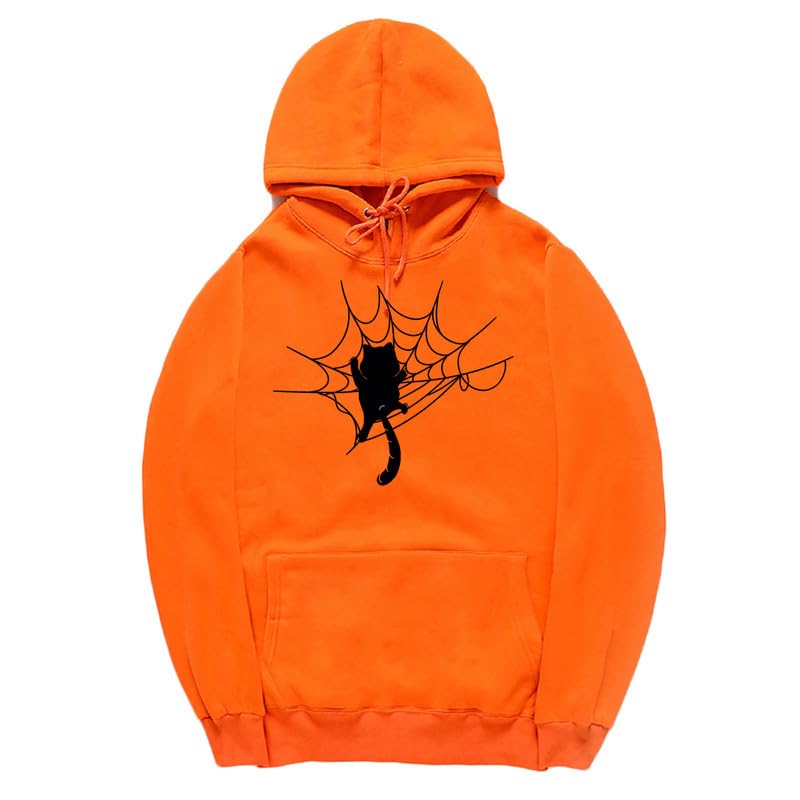 CORIRESHA Halloween Spider Web Hoodie Long Sleeve Drawstring Casual Cat Sweatshirt