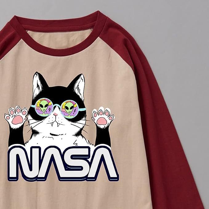 CORIRESHA Cat Lover Cute Top Raglan Sleeves Casual Color Block Unisex NASA T-Shirt