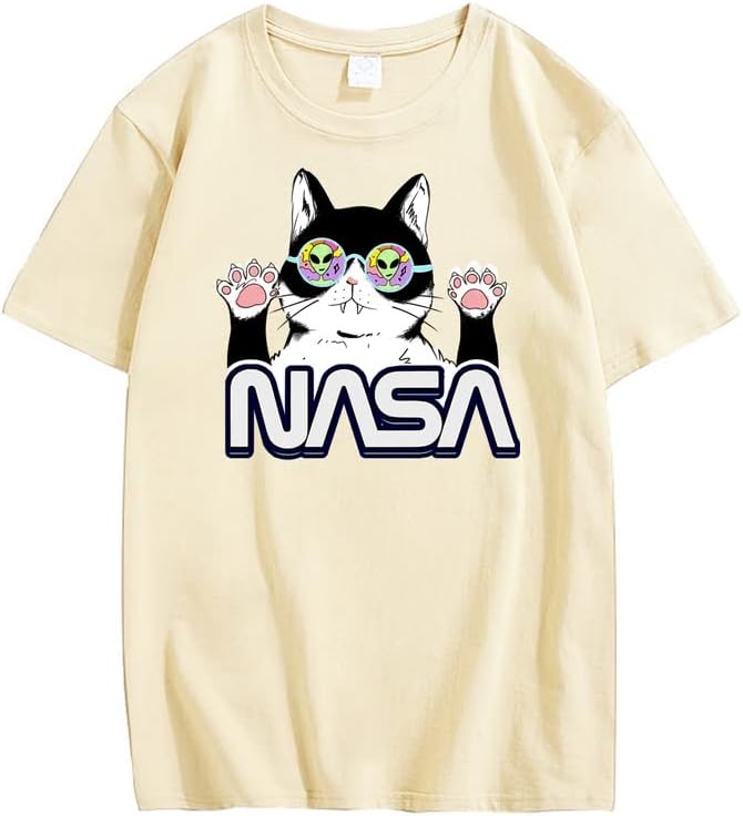 CORIRESHA Camiseta de la NASA para adolescente, informal, cuello redondo, manga corta, lindo gato