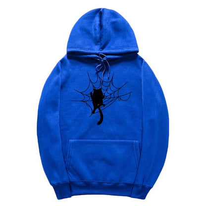 CORIRESHA Halloween Spider Web Hoodie Long Sleeve Drawstring Casual Cat Sweatshirt