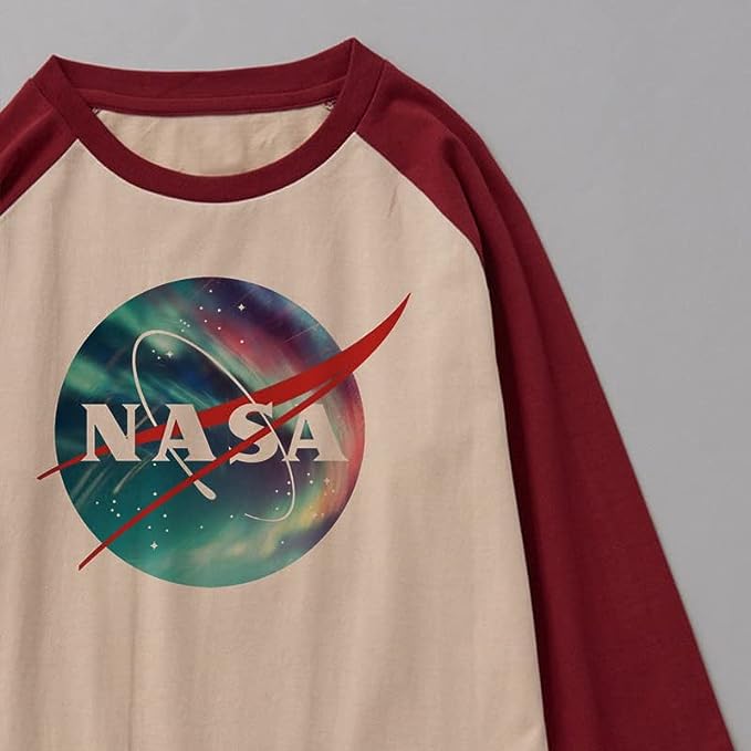 CORIRESHA Unisex NASA Logo Print Color Block 3/4 Raglan Sleeves Crew Neck Cozy Cotton T-Shirt