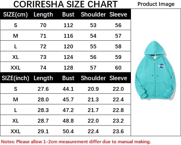 CORIRESHA Fashion NASA Logo Hoodie Zip Up Long Sleeve Drawstring Basic Sweatshirt