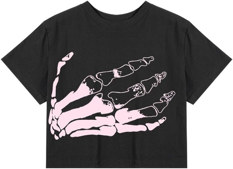 CORIRESHA Women's Funny Skull Palm Crewneck Short Sleeve Halloween Crop T-Shirt