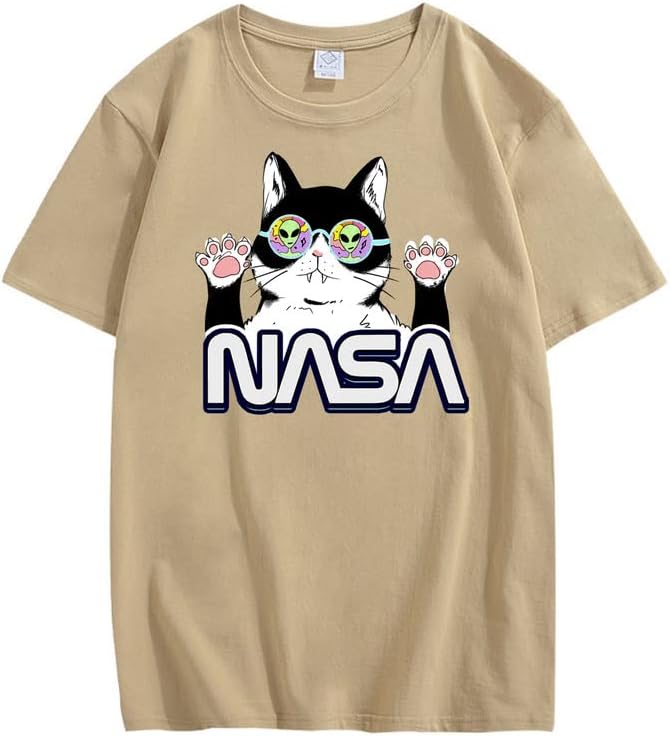 CORIRESHA Camiseta de la NASA para adolescente, informal, cuello redondo, manga corta, lindo gato