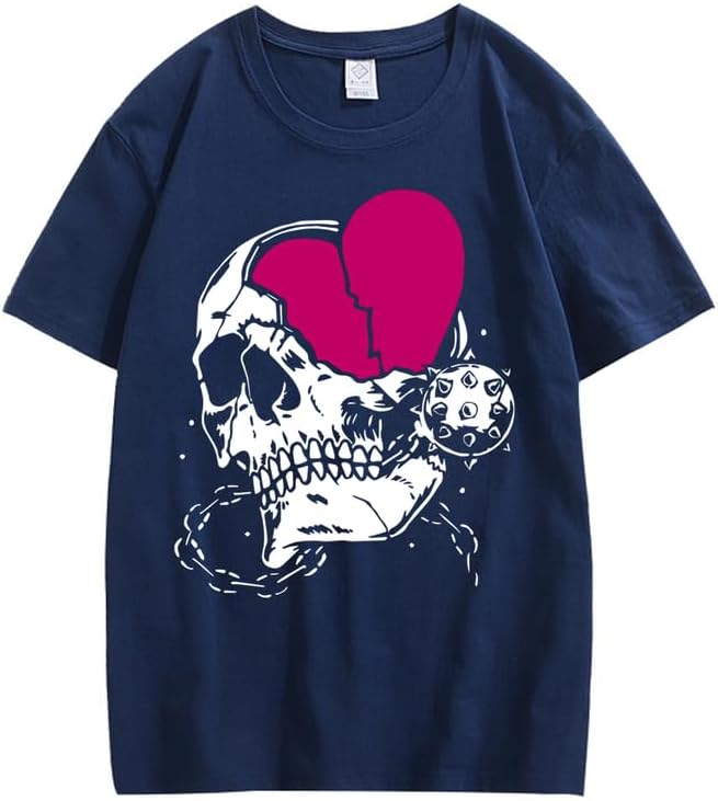 CORIRESHA Teen Cute Heart Crewneck Short Sleeve Casual Summer Cotton Skull T-Shirt