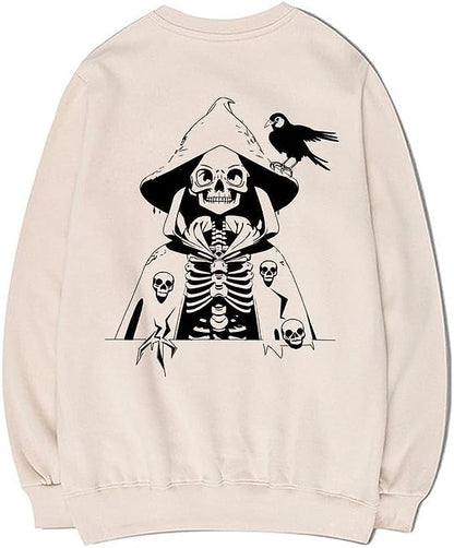 CORIRESHA Women's Skull Print Long Sleeve Crewneck Casual Cozy Cotton Halloween Sweatshirt