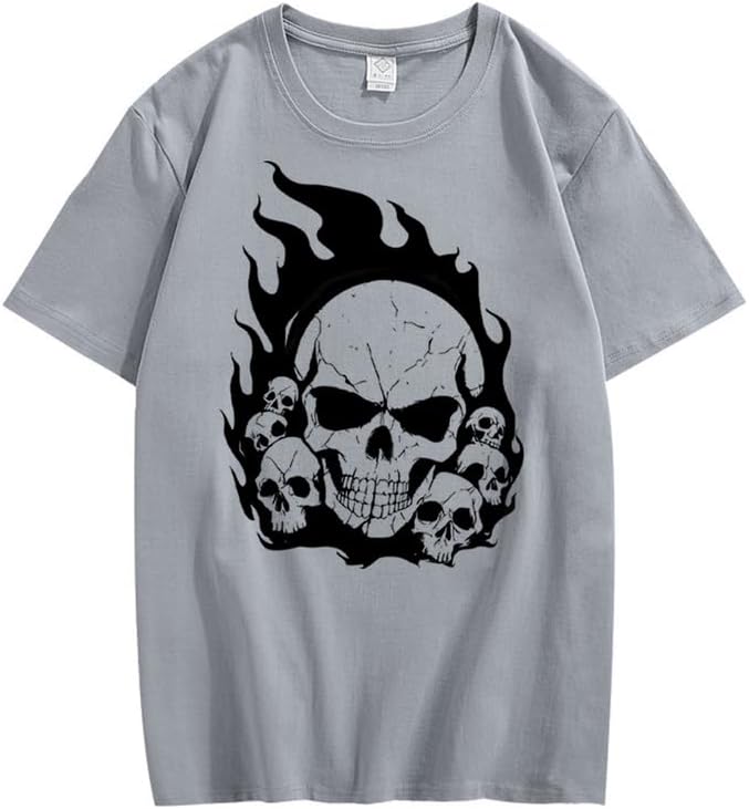 CORIRESHA Teen Skull Flame Crewneck Short Sleeve Y2K Aesthetic Halloween T-Shirt