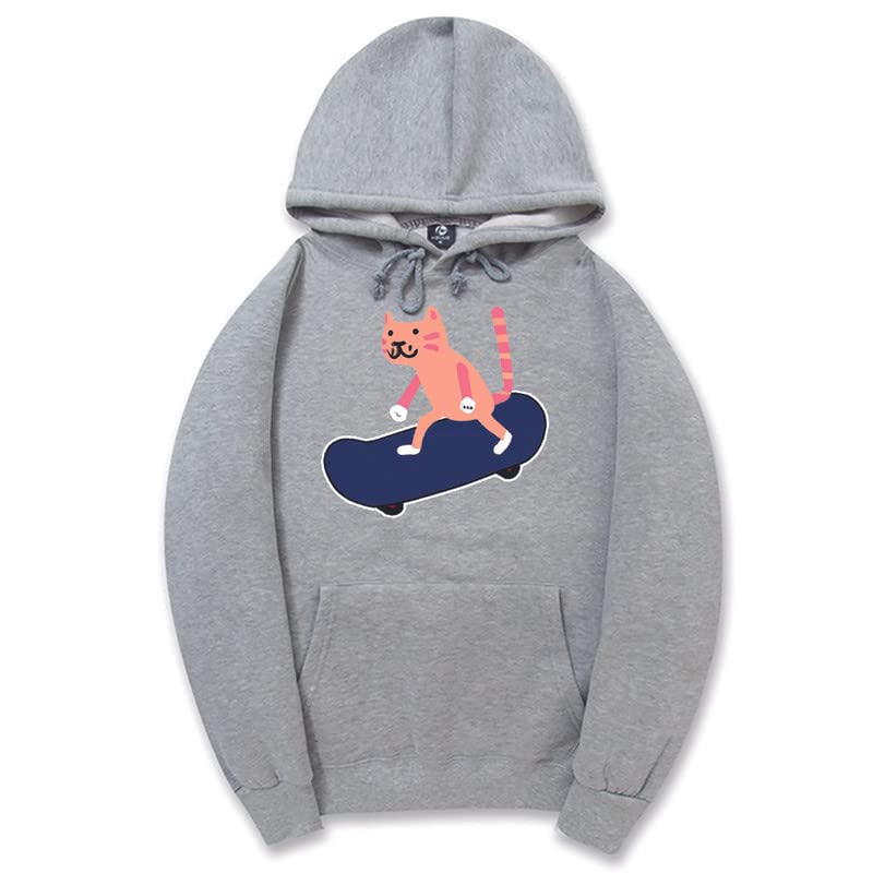 CORIRESHA Sudadera con capucha unisex con diseño de gato y monopatín de dibujos animados, informal, de manga larga, acogedora sudadera de algodón