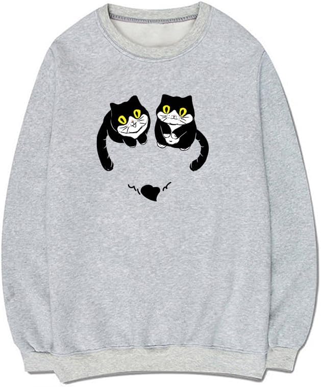 CORIRESHA Unisex Cute Cat Sweatshirts Crewneck Long Sleeves Casual Hearts Pullovers
