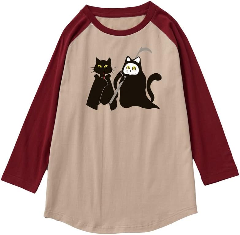 CORIRESHA Teen's Halloween Clothing Cute Ghost Cat Graphic Raglan Sleeve T-Shirt