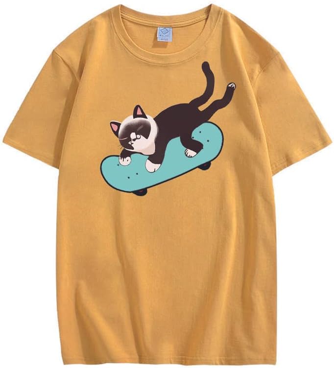 CORIRESHA Unisex Cat Lovers Casual Crewneck Short Sleeve Cozy Skateboard T-Shirt