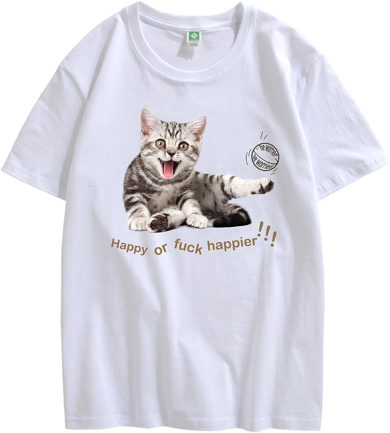 CORIRESHA Adolescente Happy Cat Cuello Redondo Manga Corta Verano Casual Algodón Linda Camiseta