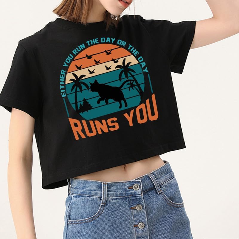 CORIRESHA Camiseta corta de algodón con cuello redondo y manga corta con diseño de gato y gaviota para mujer